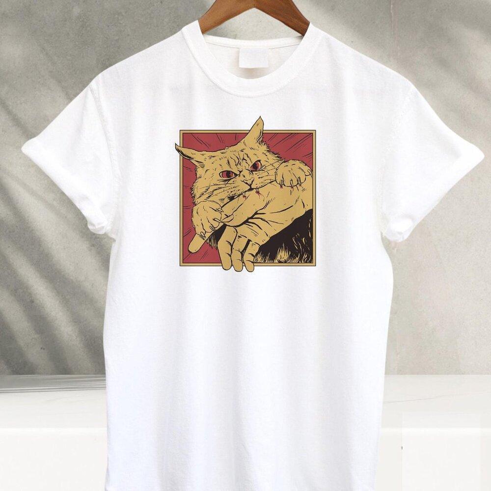 Cat Bite Shirt Japanese Horror Anime Cat Crazy Unisex Tee